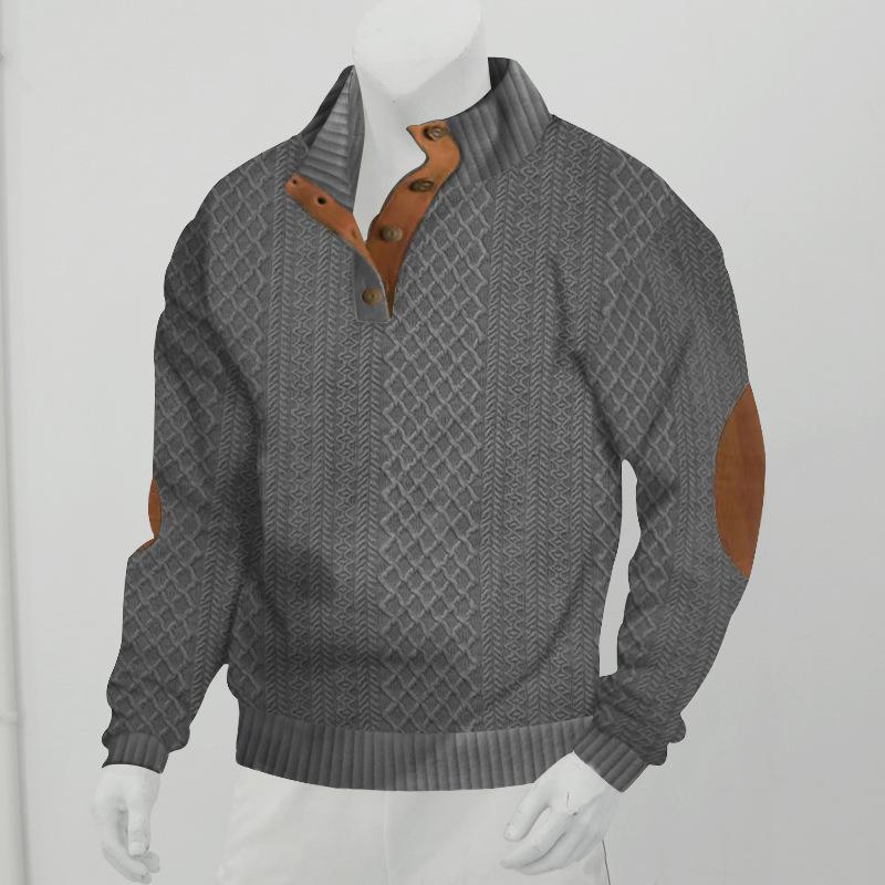 Men's Autumn/Winter Jacquard Knit Pullover Sweatshirt with Standing Collar and Leather Elbow Patches