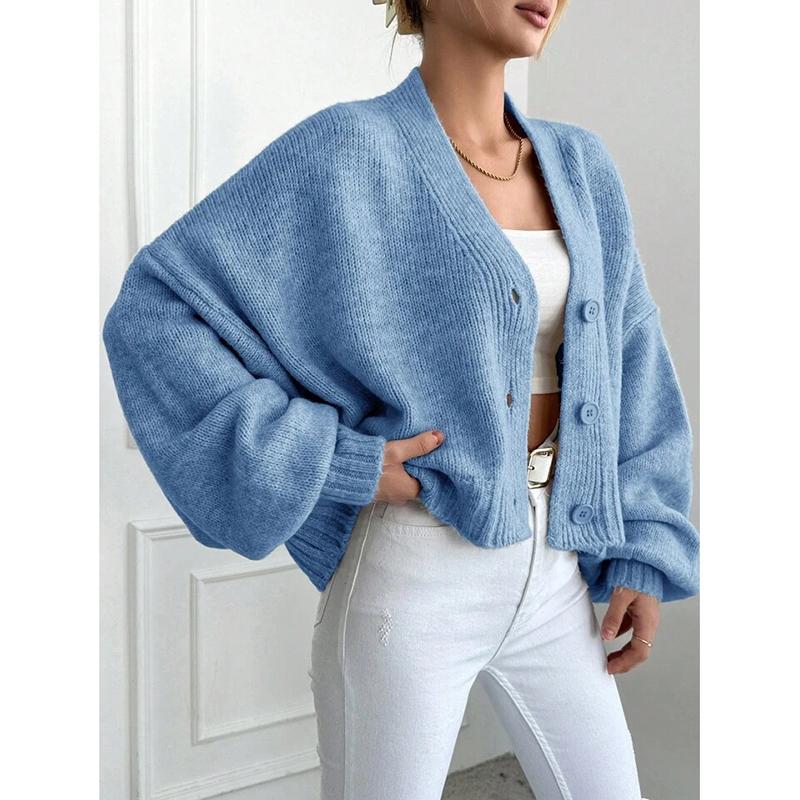 Knitted Cardigan Women's Autumn and Winter New Item Casual Loose V-neck Lantern Sleeves Knitted Sweater Women