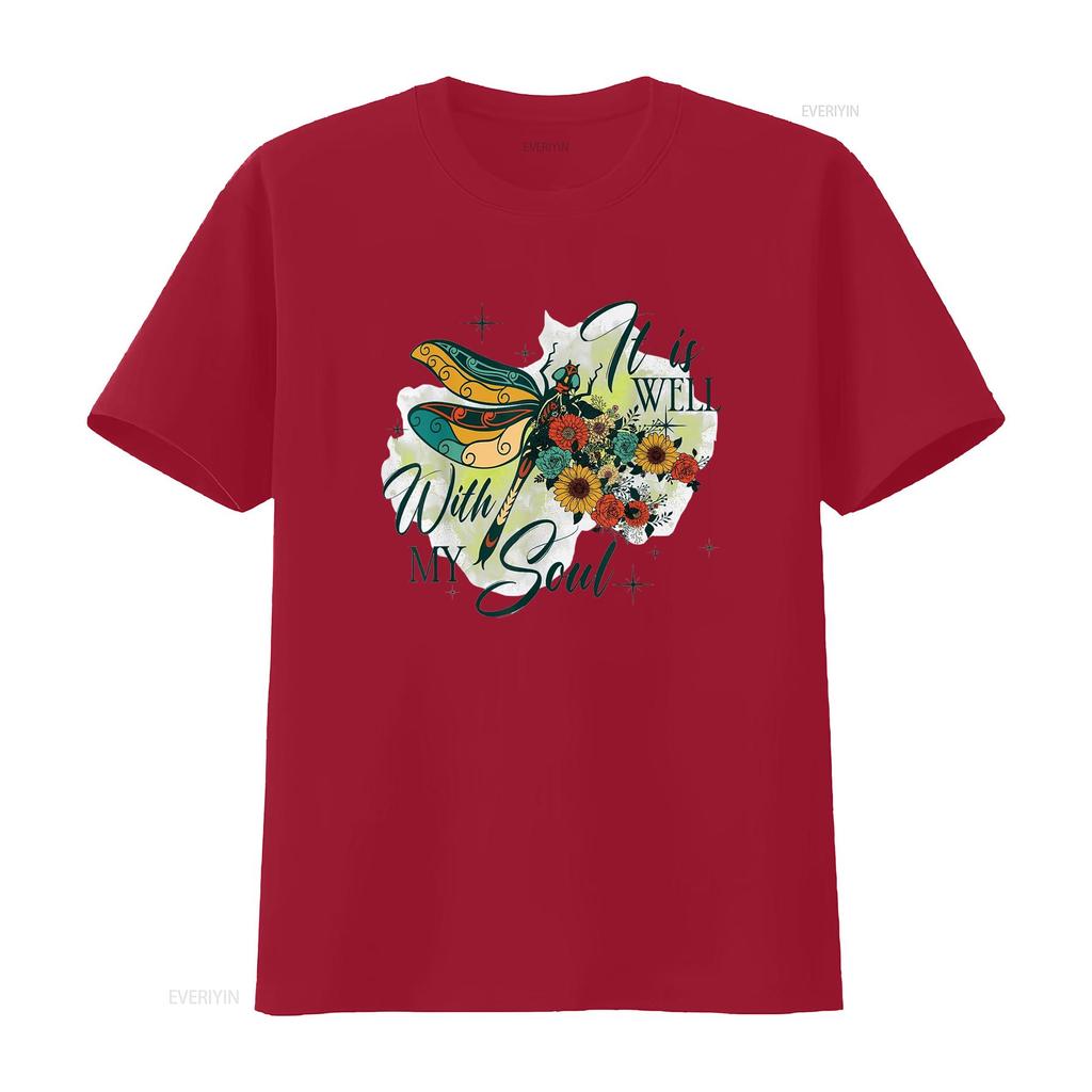 It is Well with My Soul Dragonfly Flowers Womens Summer Tops T Shirt White vintage Washed Soft Top For Everyday Wear Stretched