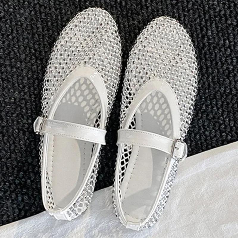 Fashion Summer Mesh Hollow Design Flat Shoes Women Luxury Rhinestone Decorated Mary Jane Shoes for Women Light Breathable Beach Sandals