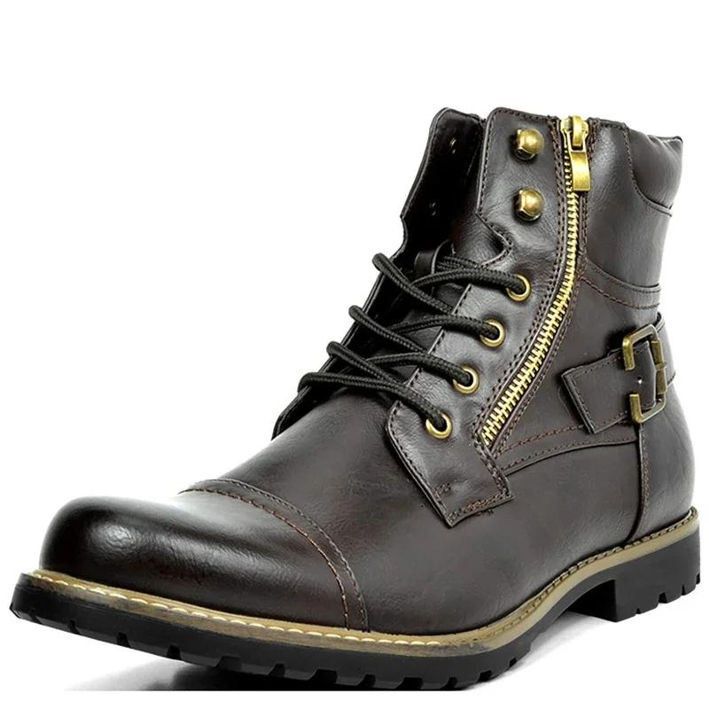 Men Boots Metal Double Zipper Motorcycle Boots Men Leather Casual Ankle Boots Motorcycle Botas Hombre Zapatos Para Hombres