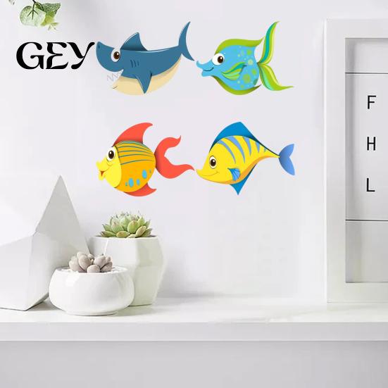 Hand-painted Marine Art 4 Pcs Wood Fish Nautical Wall Decor, Ocean Shark Rustic Colorful Ornament Hanging Beach Cartoon Coastal for Living Room,