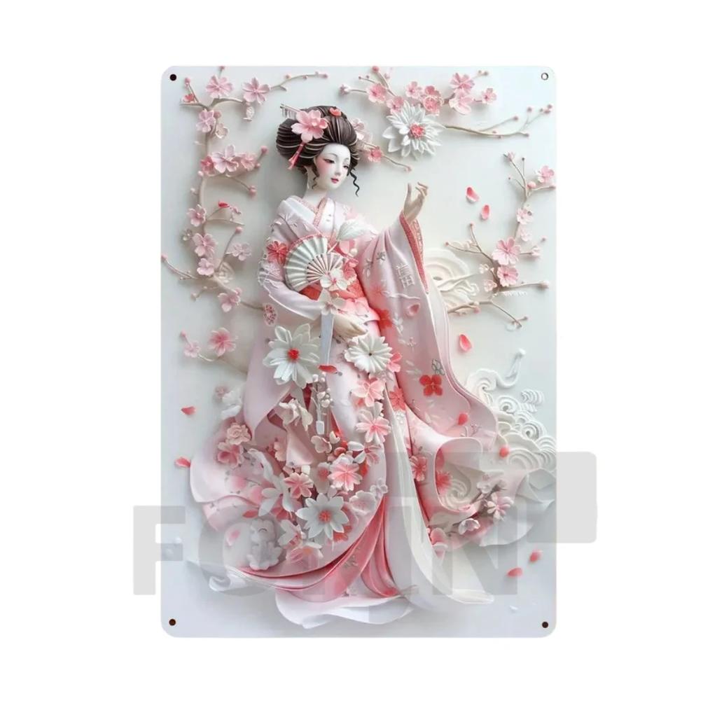 Японская гейша кимоно металлический знак, 2D элегантный японский постер с цветущей вишней, для дома, комнаты, офиса, идзакая, кафе, студии настенный декор