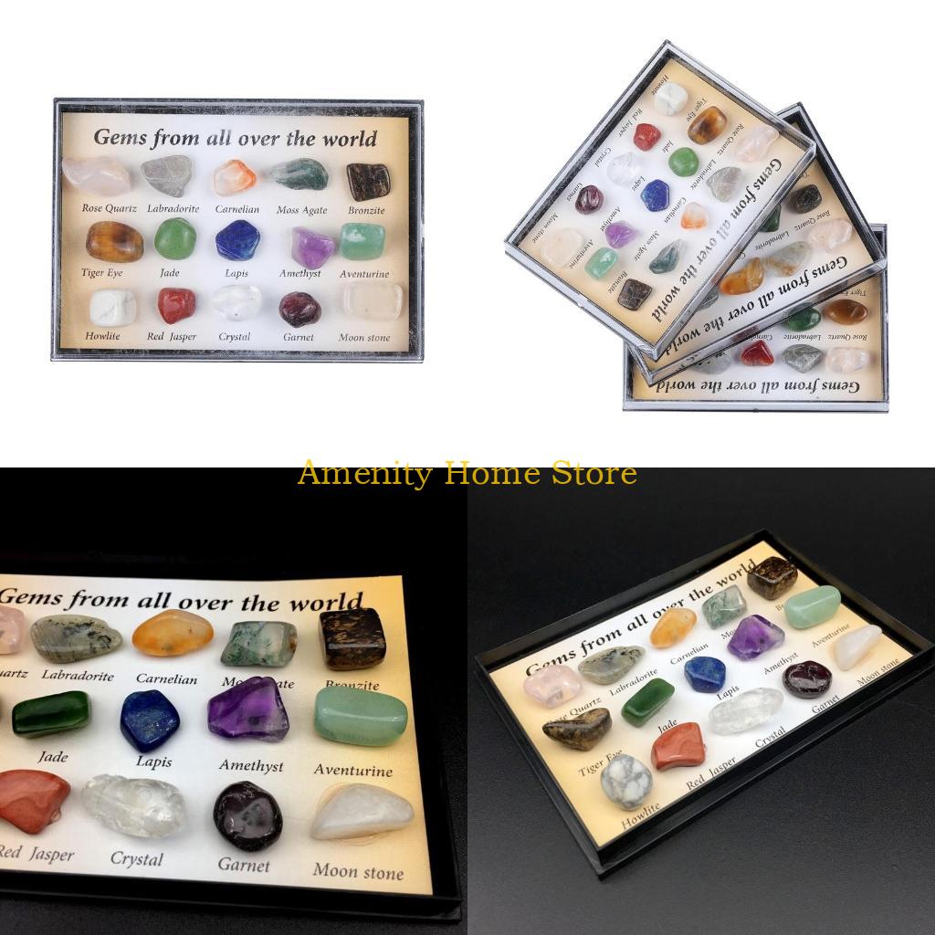 F26C 15 Pieces Set Multi Colors Rock Collection Mixed Natural Mineral Ore Specimens with Box Jewelry Sets