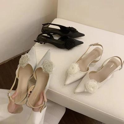 2025Элегантные женские сандалии на высоком каблуке, милые с розой, с закрытым носком, летние, с ремешком на пятке, остроносые, модные, для платья