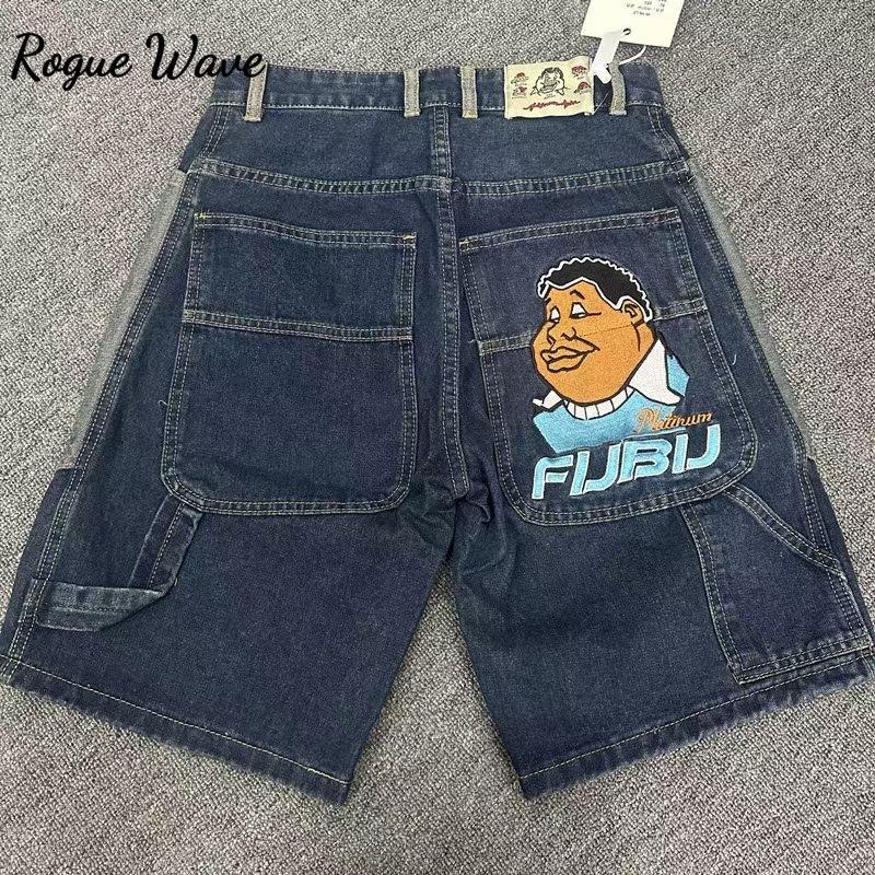 Мужские джинсовые шорты RogueWave Y2K Харадзюку Хип-хоп Мультяшная вышивка Синие Мешковатые Джинсовые Повседневные Шорты до колена