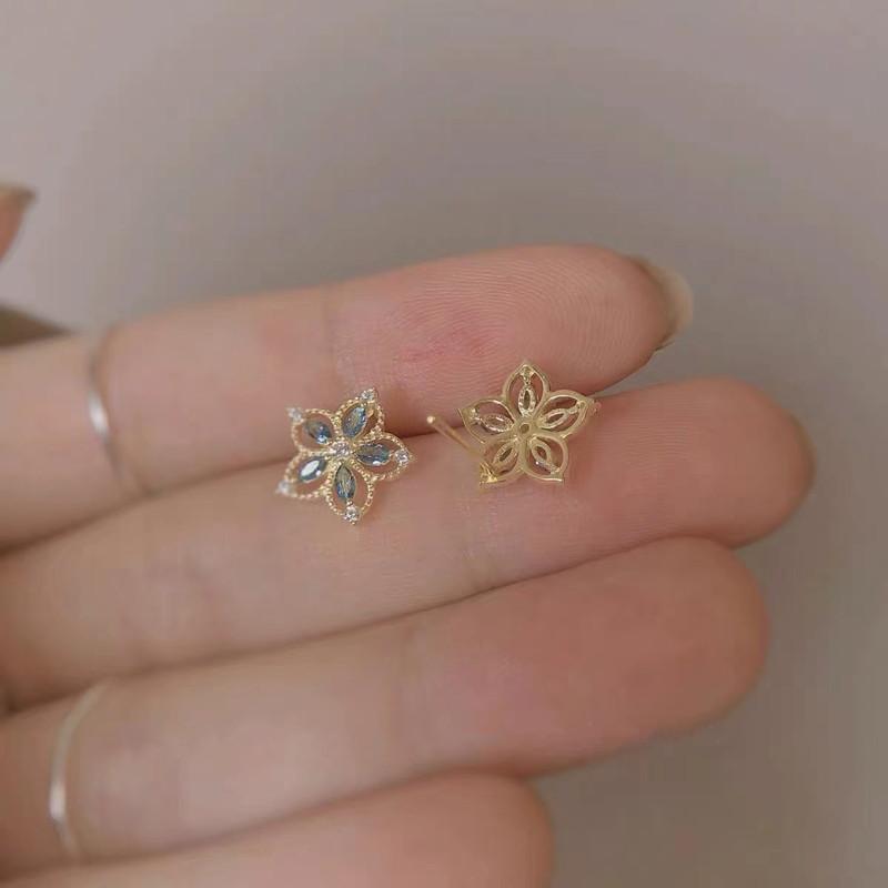 S925 Sterling Silver Light Blue Orchid Zircon Stud Earrings Flower Shape Hollow All-Matching Delicate Earrings Women