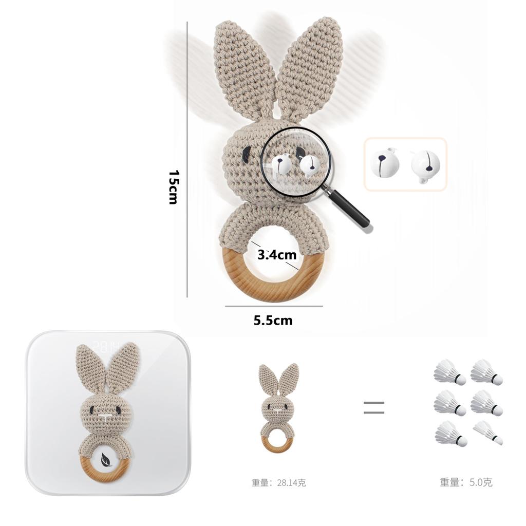 Shinse Rattle Stuffed Animal Crochet Toy Bell Holder Brain Development Animal Wooden Beechwood Prevents Licking Fingers Toddler Baby Newborn Gift