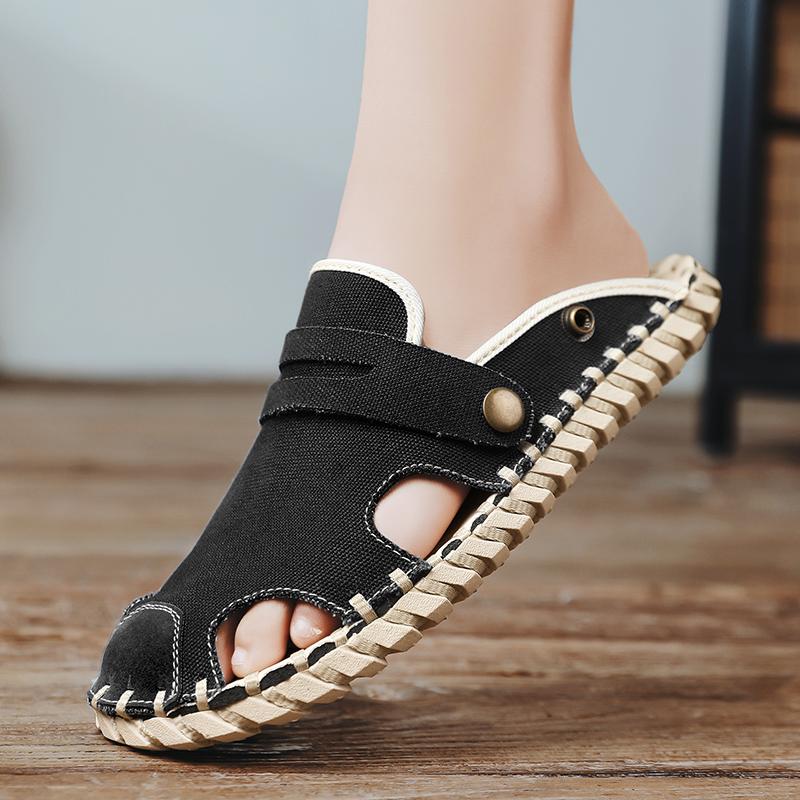 Лето Новые Ручной работы Повседневные Слипоны Мужская Обувь Уличная Ходьба Удобные Холщовые Тапочки Корейский Тренд Баотоу Полушлепки