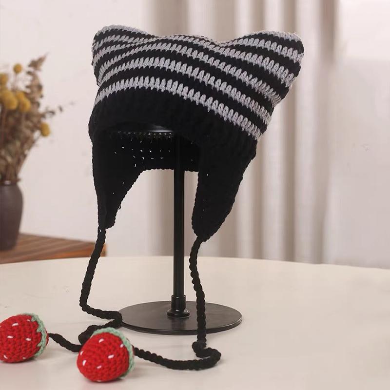 Женская шерстяная шапка с клубничным ремешком и кошачьими ушками в полоску, трикотажная защитная шапка для ушей, защищающая от холода