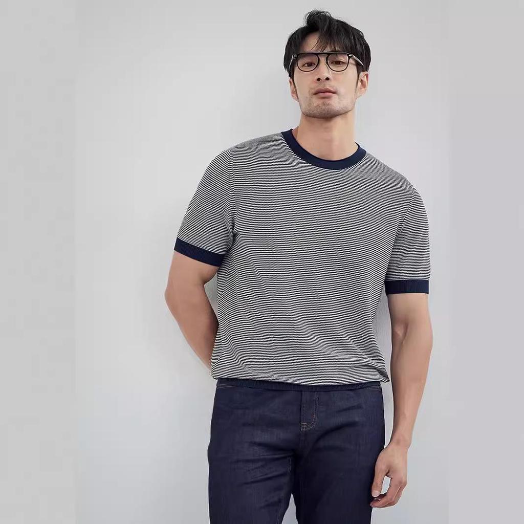 Мужское полосатое поло 2024 года: Трикотажная футболка с коротким рукавом и универсальным круглым вырезом