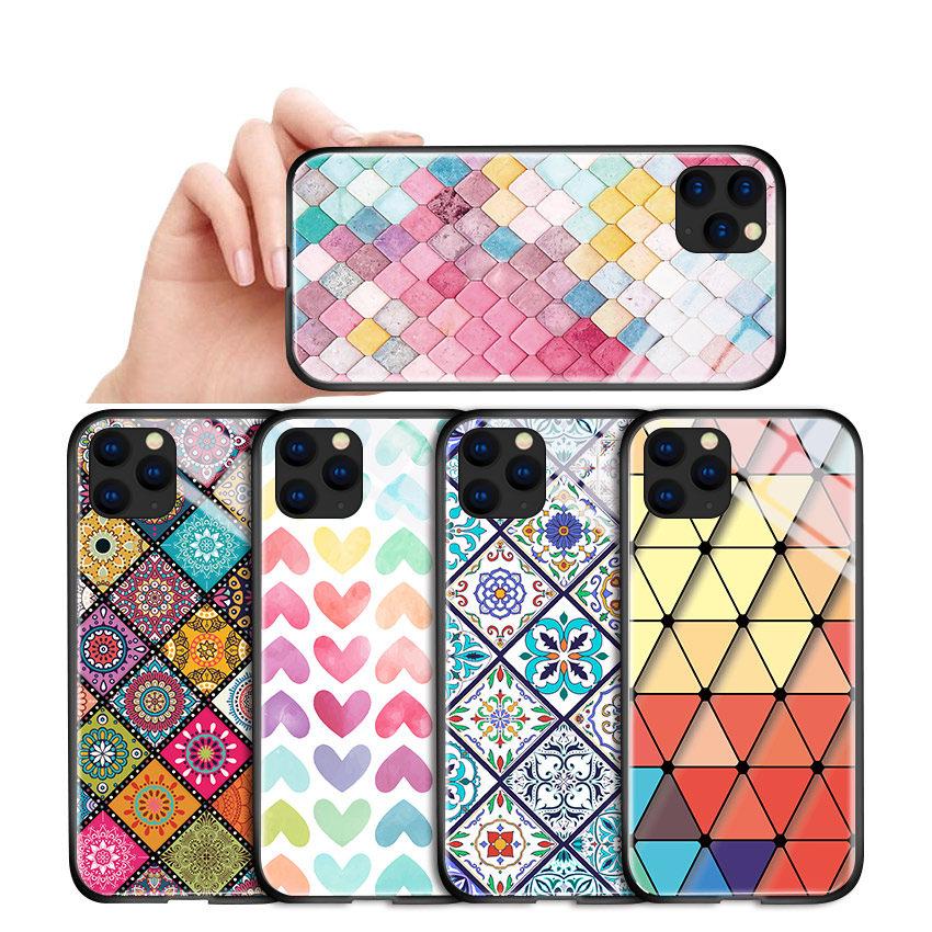Tempered Glass Phone Case for iPhone Samsung Galaxy Infinix TPU Soft Edge Fashion Geometric Patterns Shockproof Cover