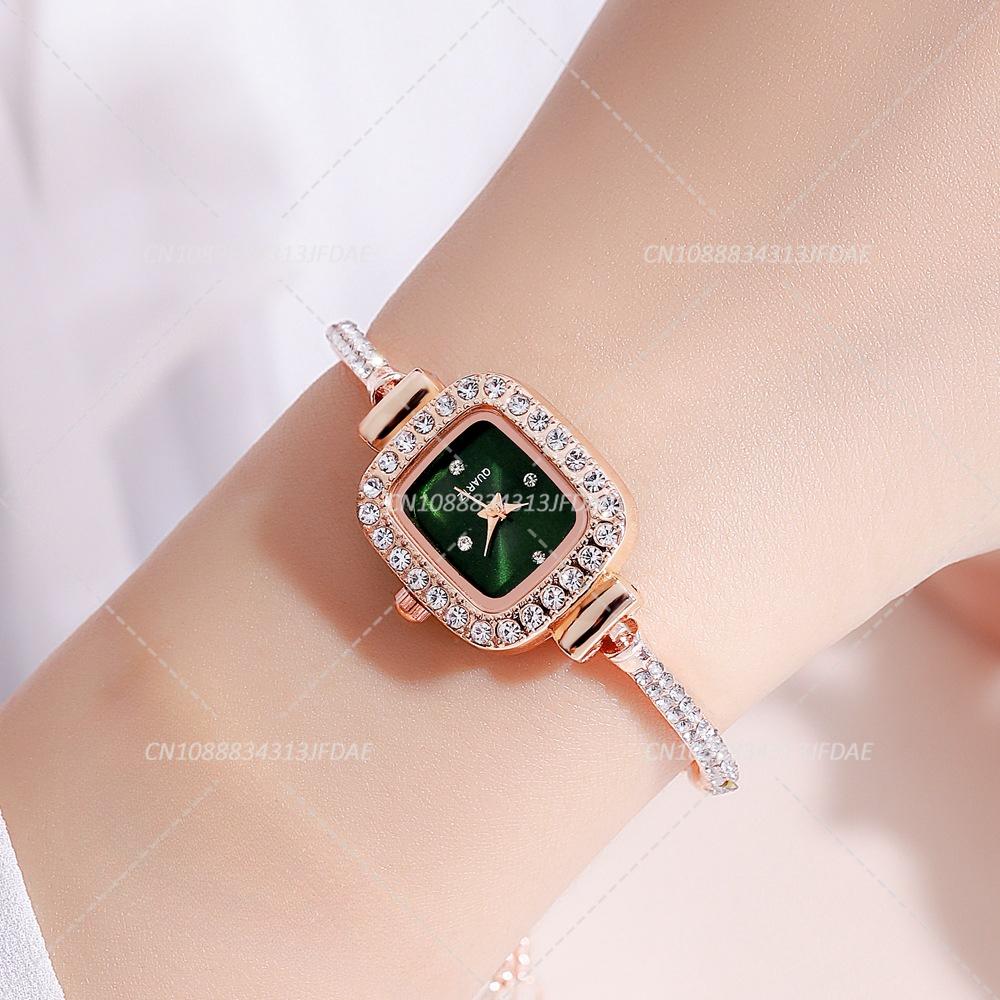 Элегантные Регулируемые Стальные Кварцевые Женские Наручные Часы Роскошные Модные Часы с Бриллиантовым Кристаллом Маленький Квадратный Циферблат Женские Часы