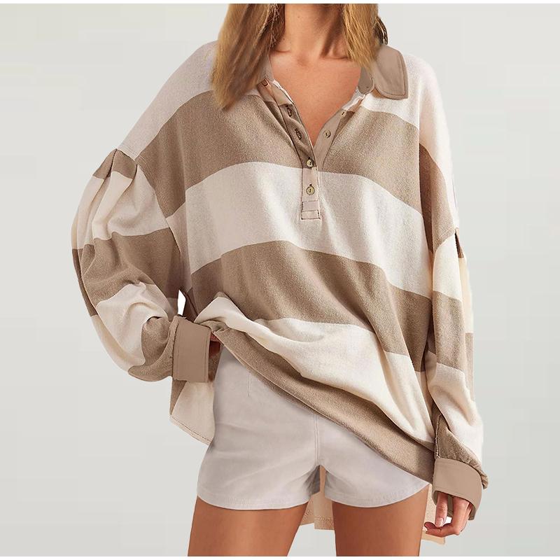 Полосатый дизайн толстовка с цветным блоком топ женская толстовка с отложным воротником пуговицами свободный пуловер топ женская домашняя одежда