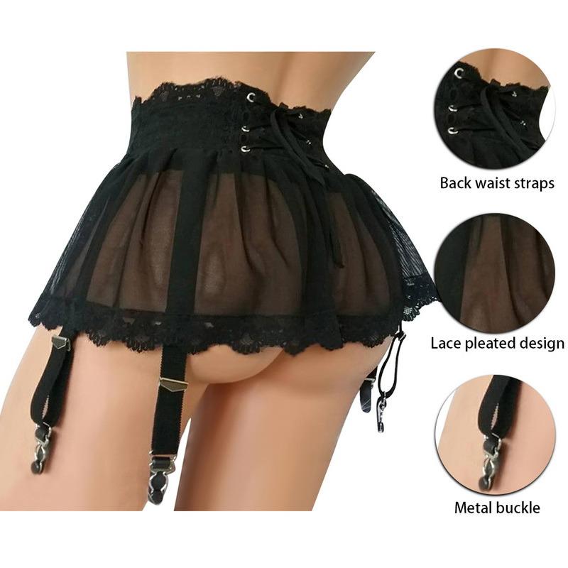 Women's Sexy Lace Garter Belt Plus Size Adjustable Mesh Skirt High Waist Erotic Panties