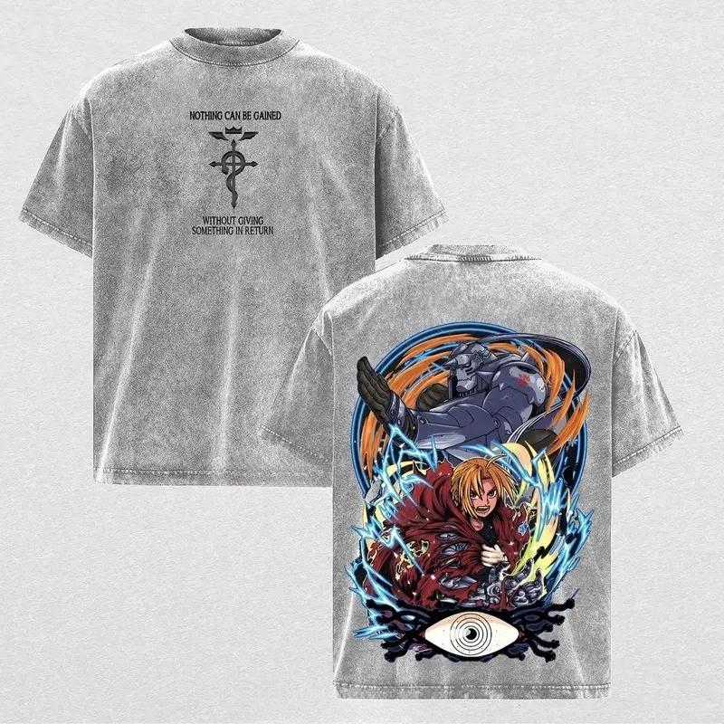 Эдвард Элрик Стальной Алхимик Одежда Мужчины Женщины Манга Футболки Винтажная Стирка Футболка Повседневная Хлопковая Футболка Харадзюку Мужская Футболка