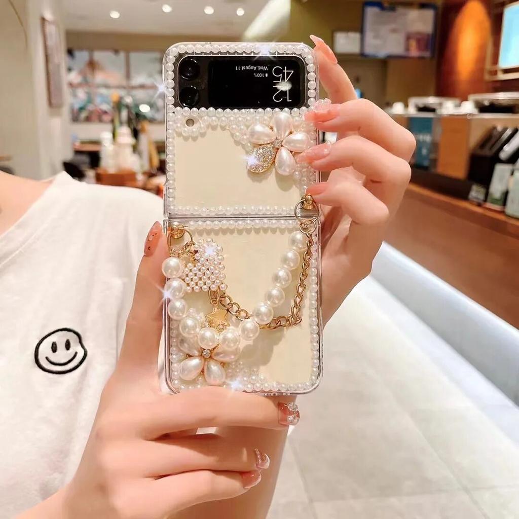 Crystal Diamond Case for Samsung Galaxy Z Flip 5 4 3 5G Rhinestones Pearl Crown Heart Wrist Shockproof Protection Cover
