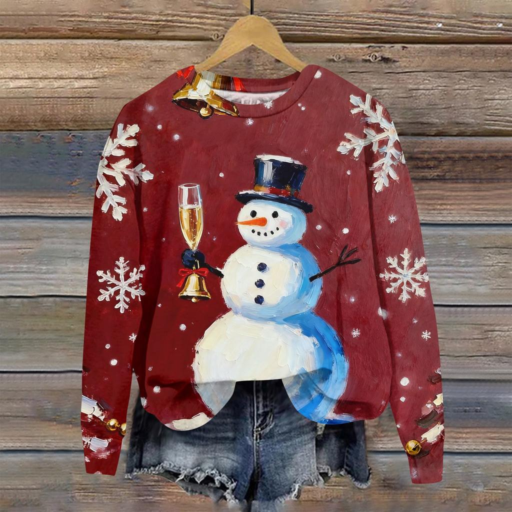 Women's Fashion Christmas Printed Long Sleeve Loose Round Neck Sweatshirt Top