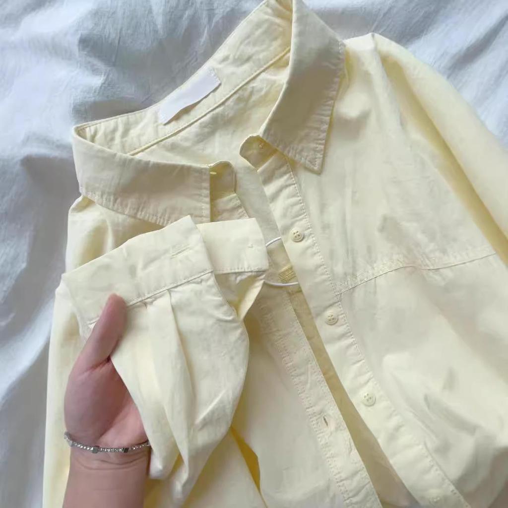 Женский голубой кардиган-рубашка с длинным рукавом из чистого хлопка - Тонкий французский стиль для весны, осени, лета