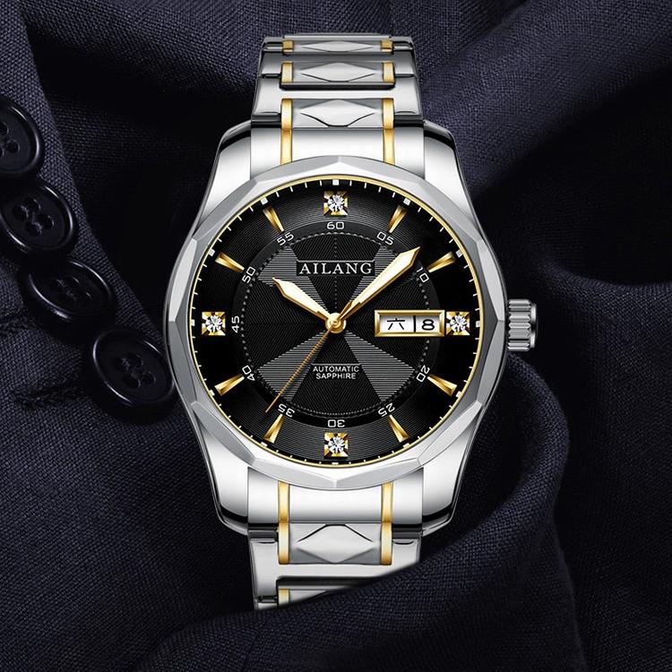 AILANG Мужские полностью автоматические механические часы Мужские часы Модные водонепроницаемые часы с двойным календарем из камня и стали