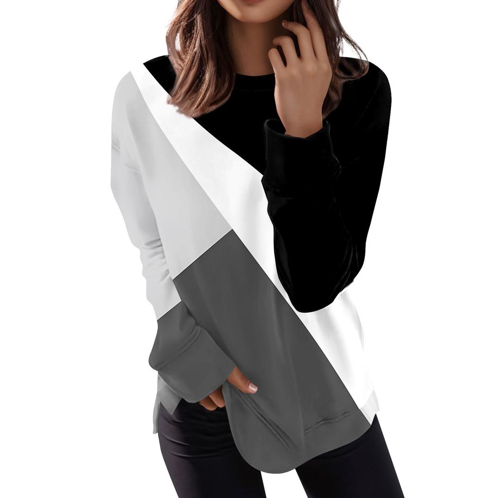 Женская мода пуловер с длинным рукавом Повседневная футболка Свободный топ с геометрическим принтом и принтом