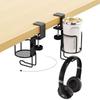 2 In 1 Desk Cup Holder with Headphone Hanger Holder, Anti-Spill Clip-On Table Cup Hook with 360° Rotation for Office Home Table