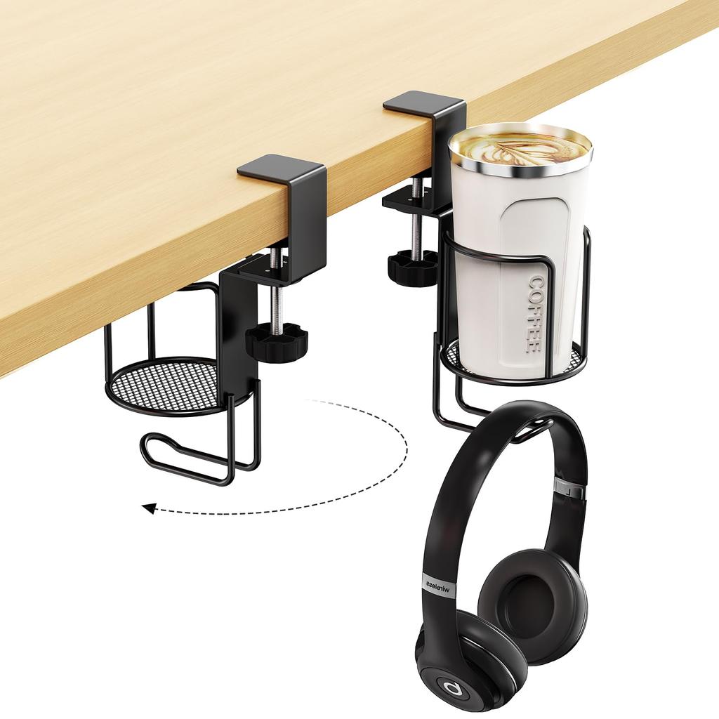 2 In 1 Desk Cup Holder with Headphone Hanger Holder, Anti-Spill Clip-On Table Cup Hook with 360° Rotation for Office Home Table