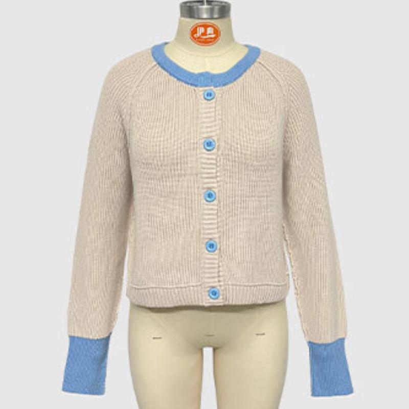 Autumn and Winter Sweater Women's Knitwear Fashion Round Neck Single Row of Buttons Colour Collision Knitted Cardigan Jacket