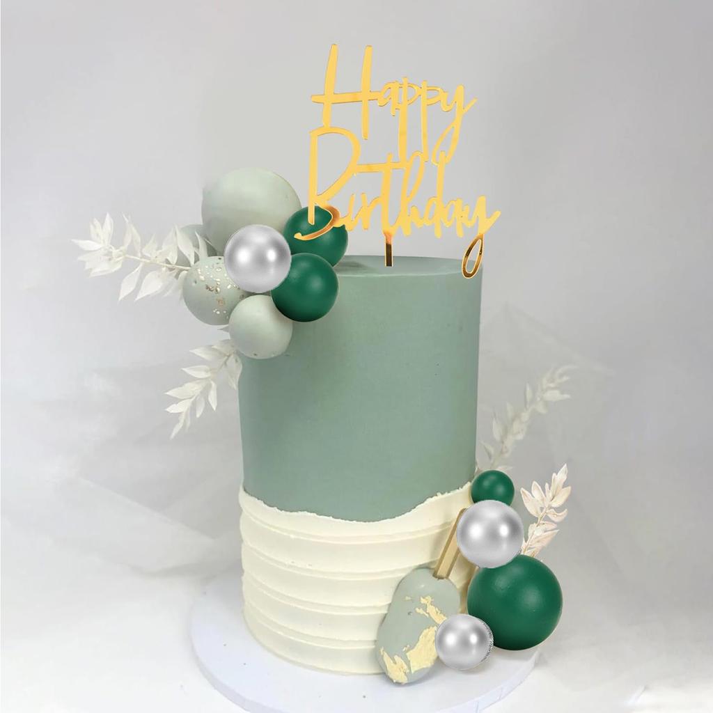 Green Balls Cake Topper Boho Grass Cake Topper Dark Green Silver Pearl Balls Cake Decorations for Wedding Baby Shower Birthday