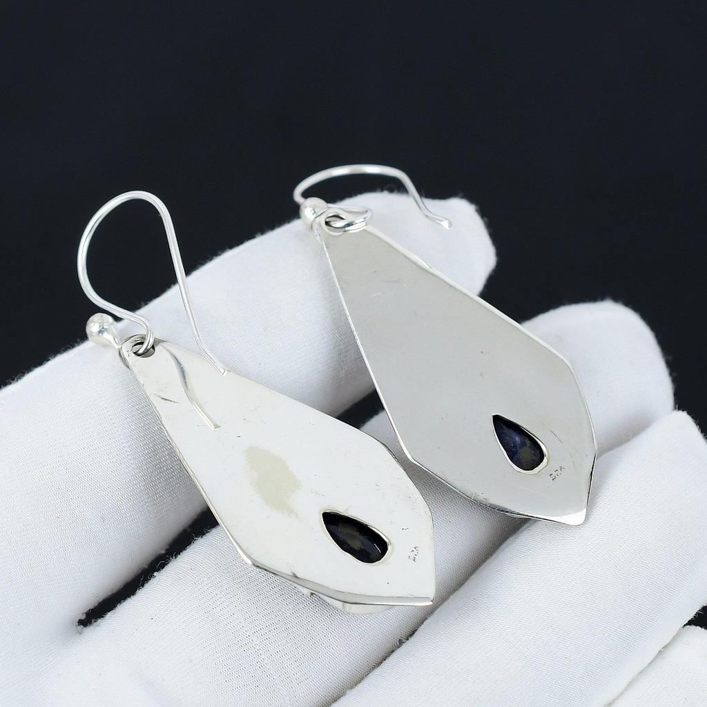 Изящные серьги с синим сапфиром, серьги из стерлингового серебра 925 пробы, серьги-подвески ручной работы в стиле бохо из серебра, подарки из ваты