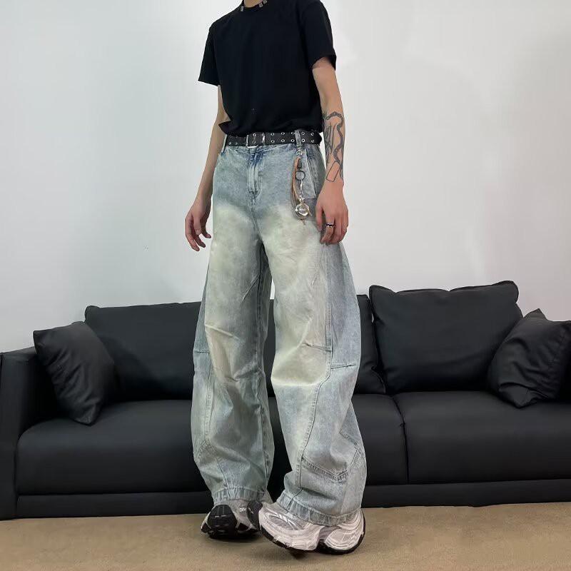 Distressed Washed Wide Leg Jeans Men Women Relaxed Fit Low Waist Straight Cut With Multiple Pockets Vintage Streetwear
