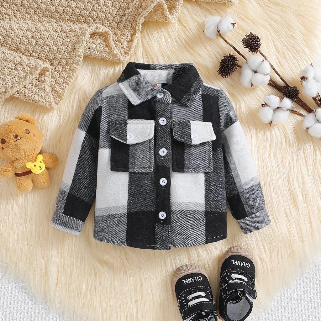 Toddler Baby Boy Girl Plaid Shirt Jacket Outfits Button Down Cardigan Kids Long Sleeve Coat Tops Fall Clothes