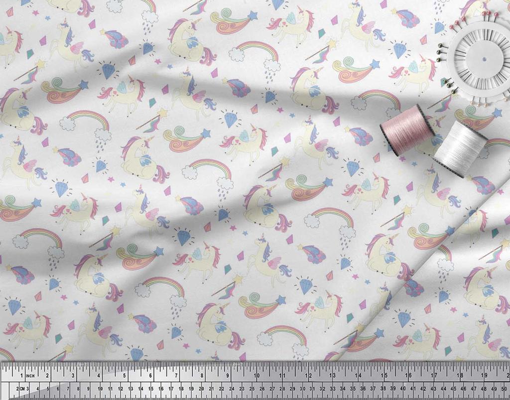Soimoi Белая японская креп-сатиновая ткань, ткань с принтом радуги и единорога и животных по метрам, 42 дюйма