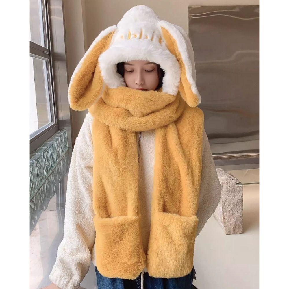 Thicken Plush Scarf Hat Gloves Set Keep Warm Plush Scarf Cute Hooded Scarf Women Girls