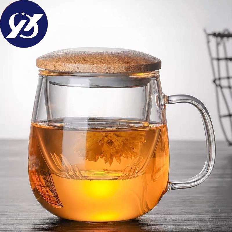 Креативная стеклянная чашка для заварки чая с прозрачной ручкой-фильтром, бамбуковая крышка, термостойкая цветочная чайная чашка, офисная чайная кружка, посуда для напитков