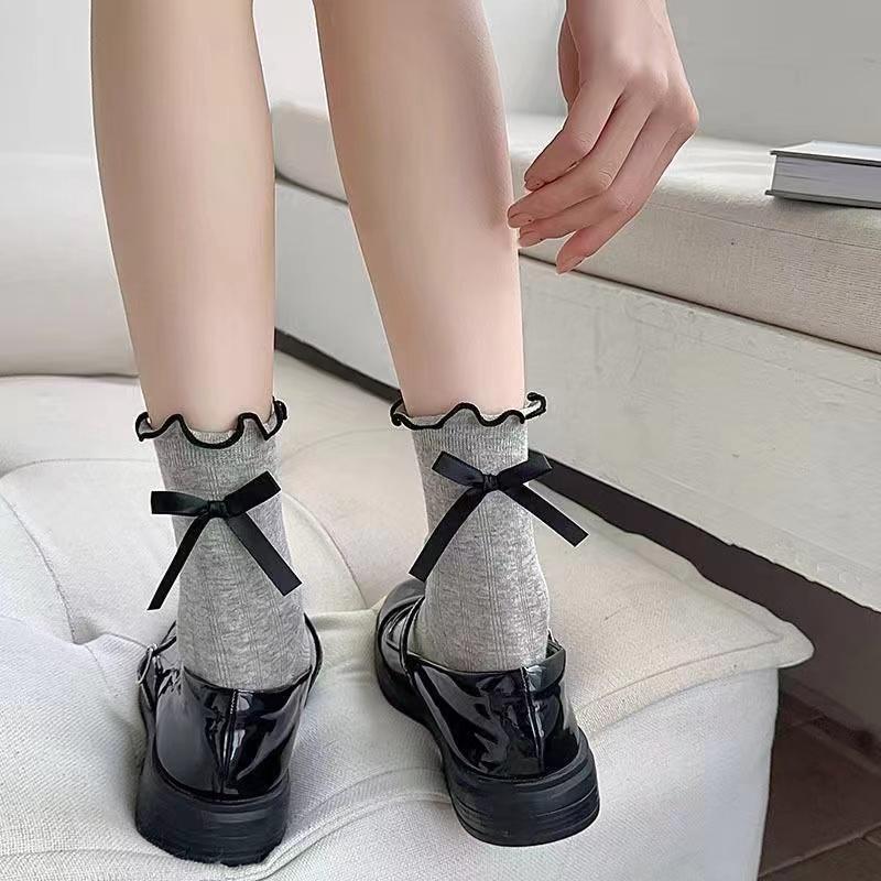 New Thin Mid Tube Socks Bow Anti Pilling Pile Socks Breathable Hollow Mesh JK Socks Spring/Summer