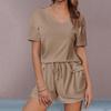 2Pcs/Set Women Summer Outfit V-neck Short Sleeve T-shirt Elastic Drawstring Waist Shorts Set