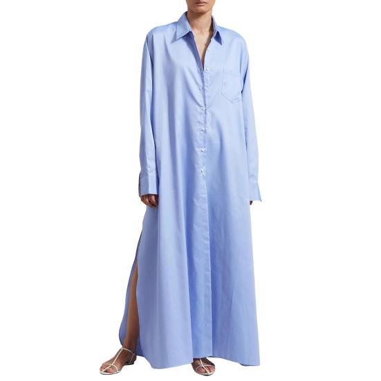 Женское платье-рубашка с лацканами, длинным рукавом, боковым разрезом, повседневная рубашка, однотонное платье макси с застежкой на пуговицы, повседневная одежда