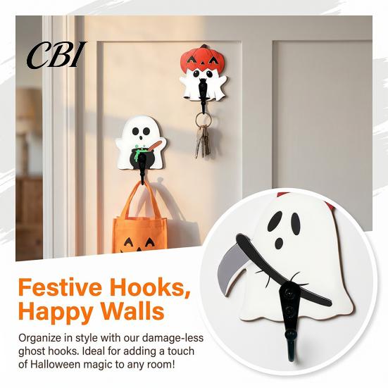 Adhesive Wall Hanger for Masks Halloween Themed Hook, Decorative Ghost Pattern Key Hanger, Self Hooks Keys Backing Wood Base Hook Bathroom Entryway