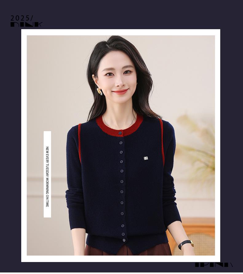 Women's Round Neck Contrast Color Wool Knit Cardigan - Soft Hong Kong Style Petite Sweater Jacket
