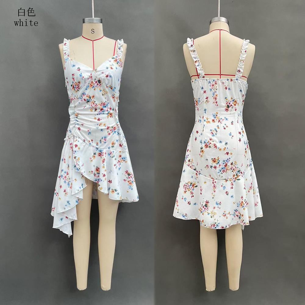 2026 European and American fashion casual women's clothing flower print suspender V-neck fungus edge dress