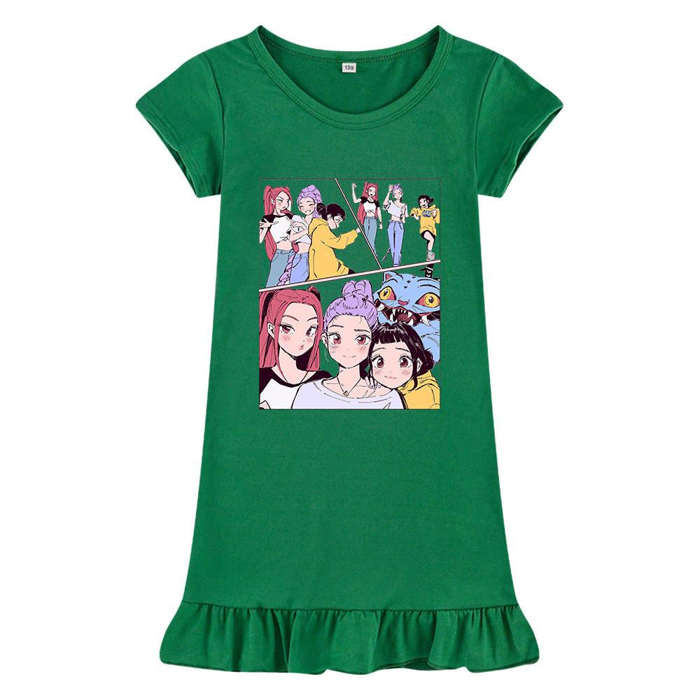 M1238 Kids Girls Kpop Rumi Zoey Mira Print Short Sleeves Ruffle Dress