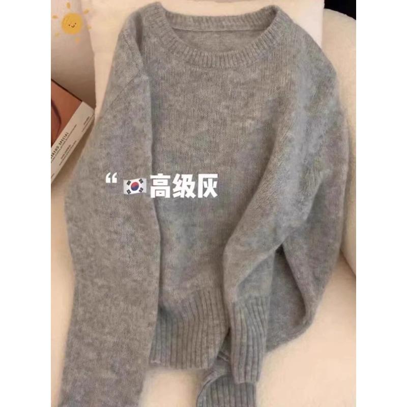 Autumn and winter new round neck green pullover sweater women's raccoon velvet soft waxy lazy knitted top with thicker base