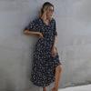 Summer Print Maxi Dress Long Slim V Neck High Waist Half Sleeve Navy Blue S M L XL
