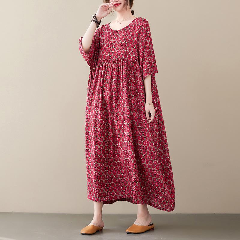 Johnature Женское платье с коротким рукавом и принтом, весна-лето, повседневное винтажное свободное платье с круглым вырезом, женские красные платья