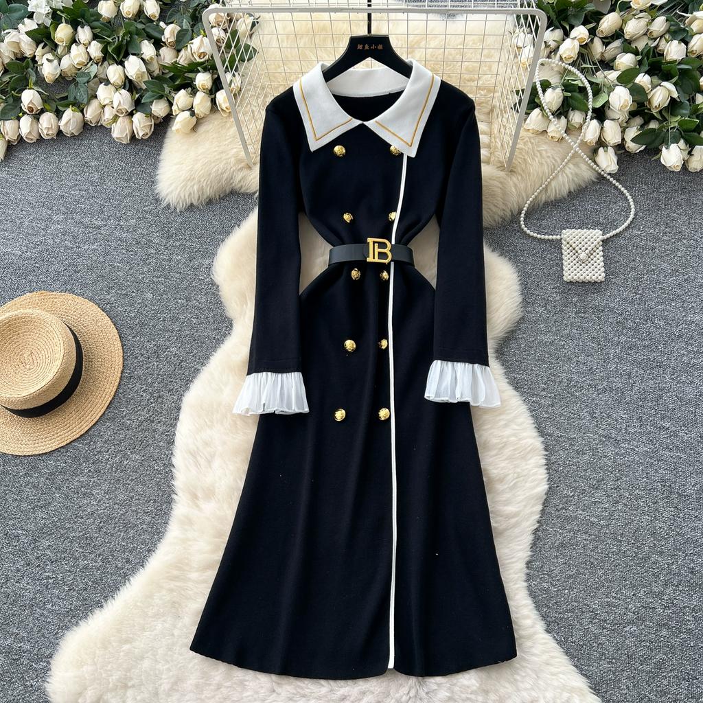 Autumn Winter Women Elegant Turn-down Collar Double Breasted Knitted Sweater Office Work Long Midi Dresses with Belt