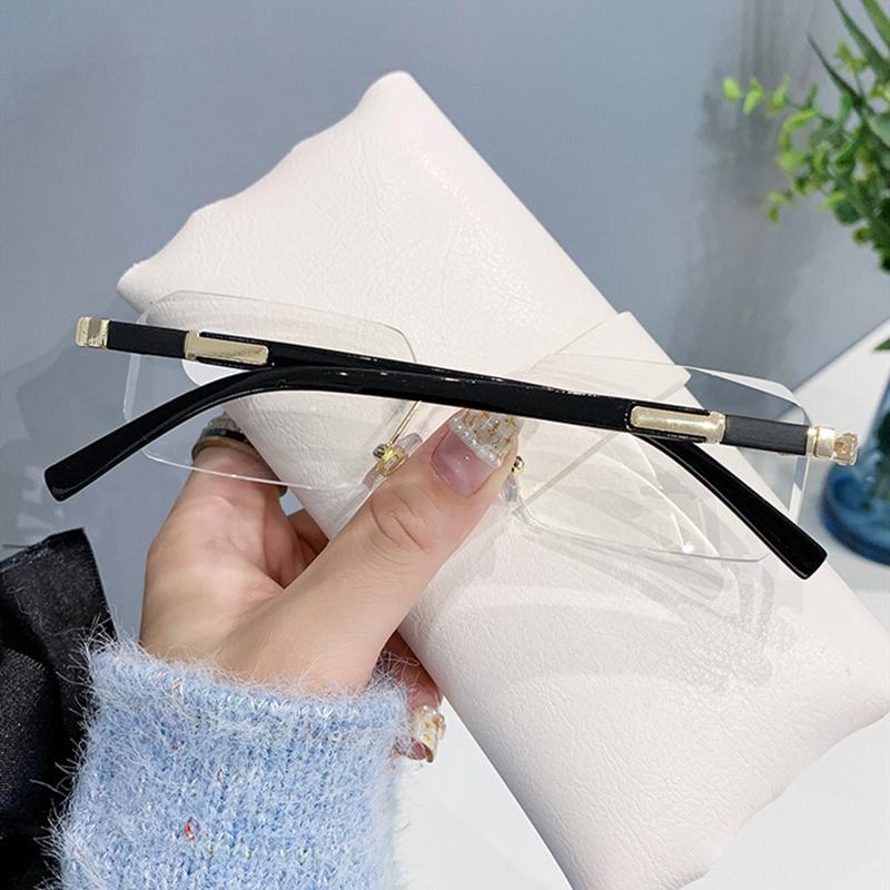 Fashion Blue Light Blocking Reading Glasses Business Small Square Cut Edges Frameless HD Mens Glasses