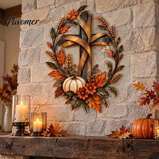 Floral Pumpkin Cross Sign Autumn Harvest Metal Wall Decor, Rustic with Golden Wheat Farmhouse Thanksgiving Door & Fall Leaves, Plaque for Porch Garden