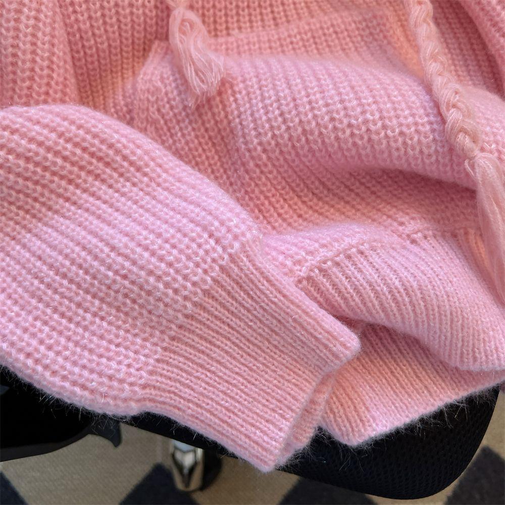 Women Hooded Knitted Sweaters Solid Simple Lace Up Loose Casual Sweet Pullovers Fashion All Match Pocket Gentle Female Jumpers