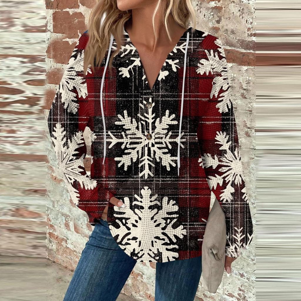 Женский повседневный топ с длинными рукавами, пуговицами, V-образным вырезом, рождественским принтом, завязками и капюшоном
